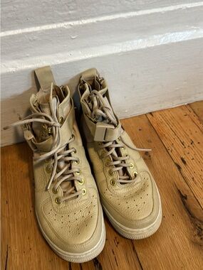 Nike Beige/Tan High-Top Sneaker with Gold-Tone Hardware
